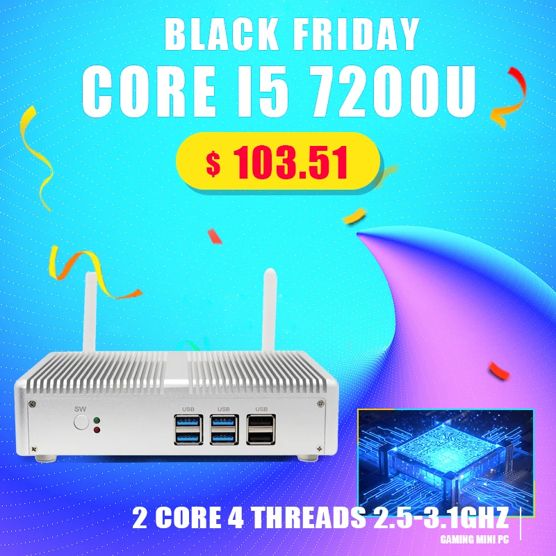 Topton бытовой безвентиляторный мини ПК Intel Core i3 5005U i5 7200U DDR4 16 Гб HD Graphics 620 4K HTPC HDMI VGA