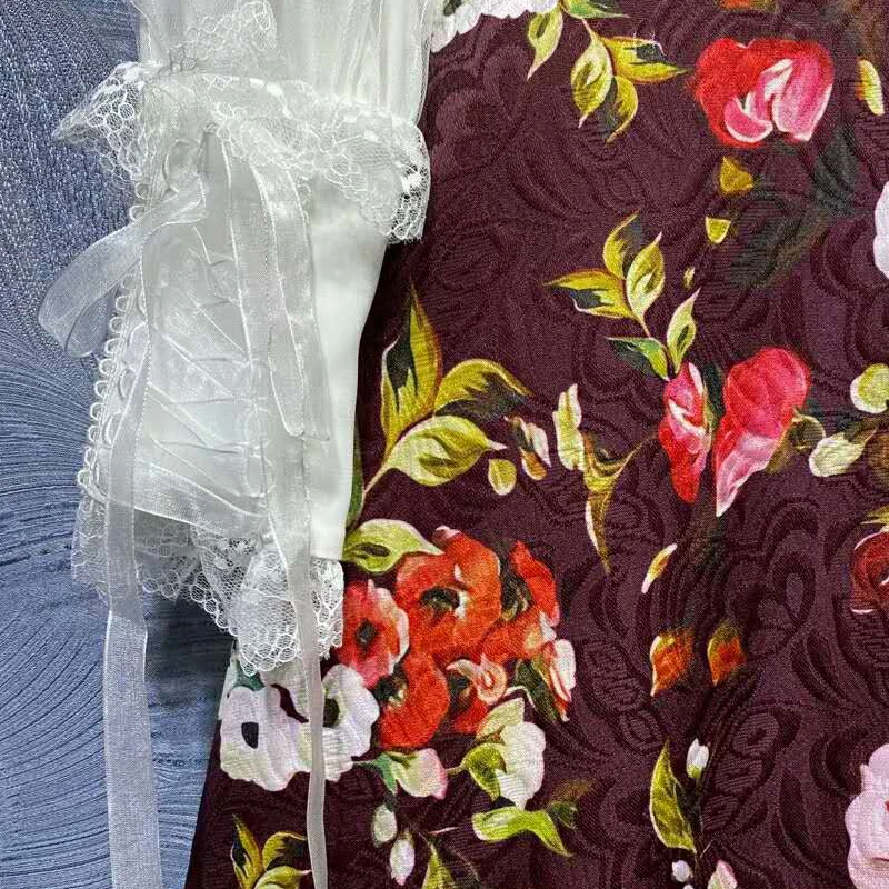 SEQINYY Vintage Print Dress Flowers Jacquard 2020 Spring Autumn New Fashion Design Women White Long Sleeve Lace Ruffles