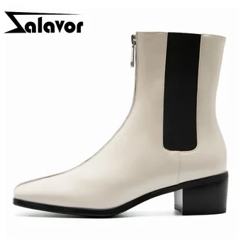 

ZALAVOR Real Leather Women Ankle Boots Front Zipper New Design Square Toe Shoes Flats Winter Boots Party Footwear Size 34-39