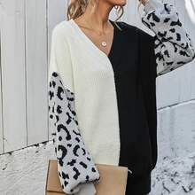 

Leopard Patchwork Slim Sweater Femme Pull V Neck Pullovers Autumn Winter Long Sleeve Sweaters Women Jumpers Sale
