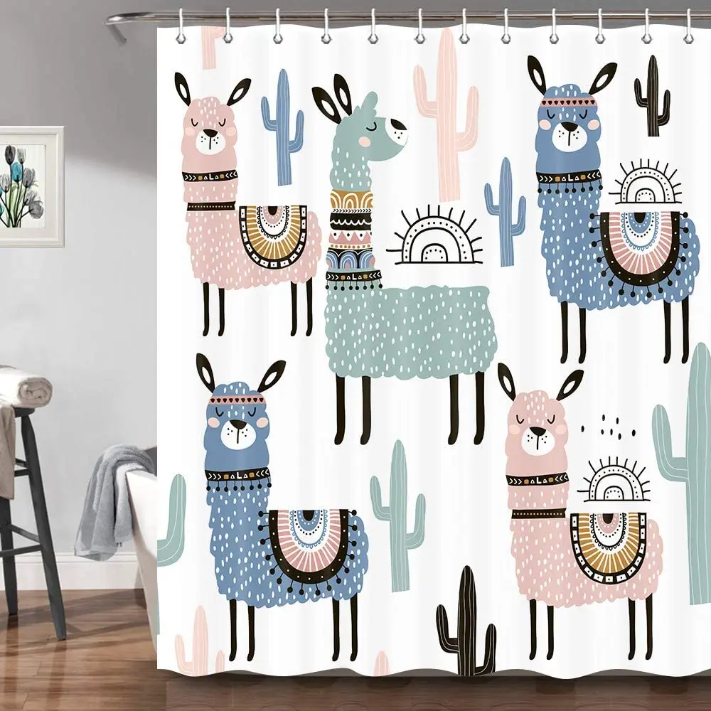 

Cute Lama Alpaca Shower Curtains for Bathroom, Fun Kids Cartoon Animals Colorful Llama Cactus Bath Decor Fabric Shower Curtain