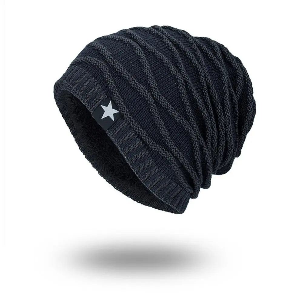 

Winter Fashion Simple Men's Warm Cap Knitted Hat Solid Color Star Knitting Cap Plus Velvet Outdoor Keep Warm Hat