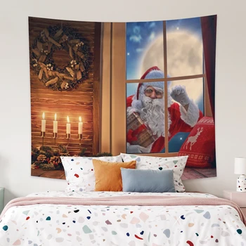 

Cassisy Fashion Tapestry Christmas Santa Claus Knock On The Window Burning Candle Wall Hangings Home Living Room Decor Polyester