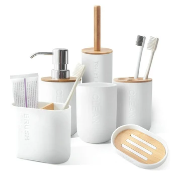 

5PCS Bamboo Bathroom Set Toothbrush Holder Soap Dispenser Toilet Brush Bathroom Accessories Simple Household Bathroom Supply