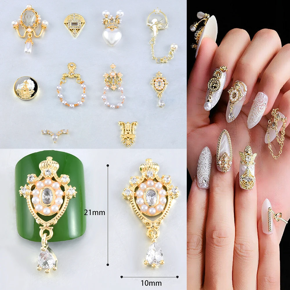 

2020 New 1 Pc 3D Nail Art Metal Decoration Pearls Zircon Alloy DIY Luxurious Retro Jewelry Slices Charm Accessories Dropshipping