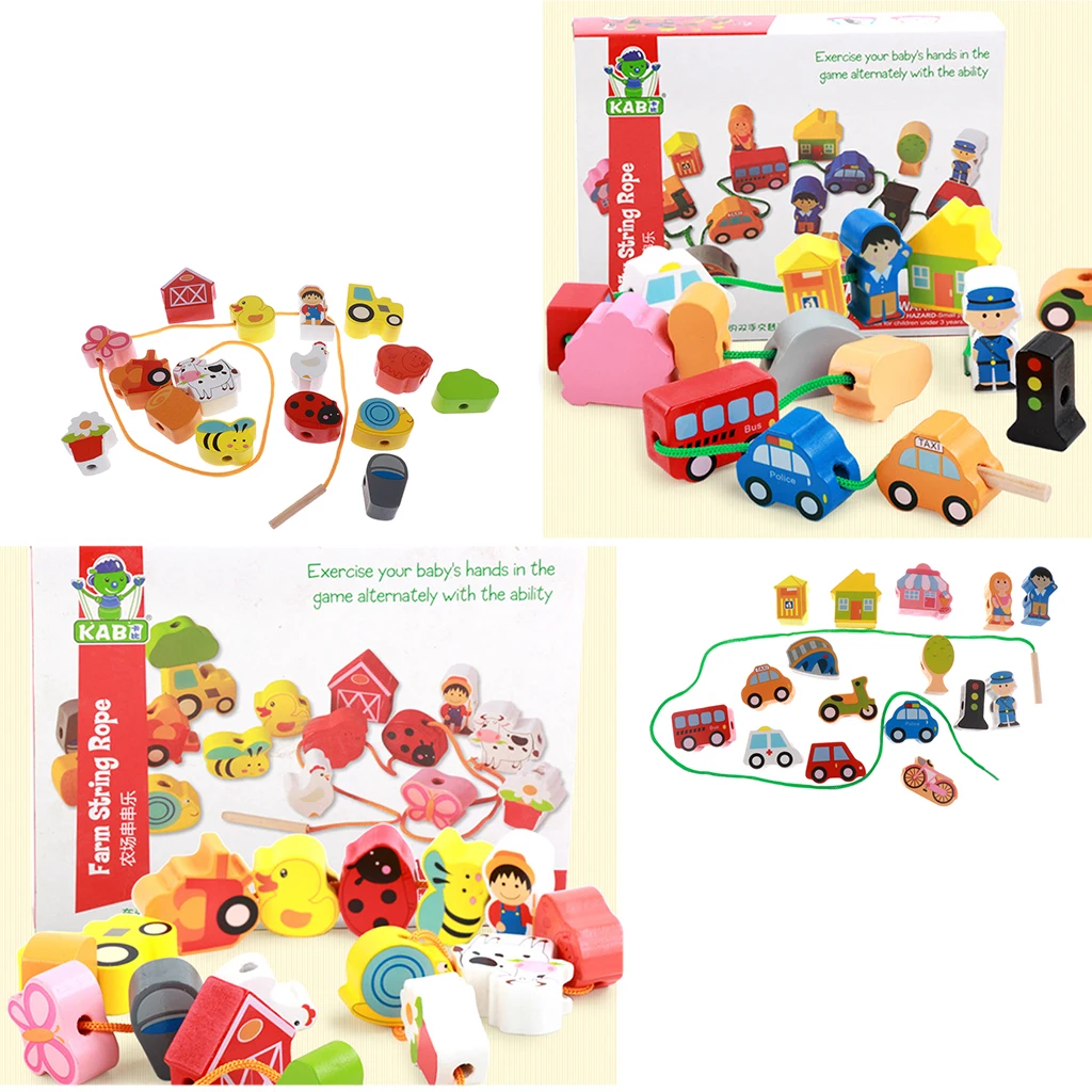2x Wooden Cartoon Threading Beads Lacing Game Kids Baby Educational Toy Set - Farm and City