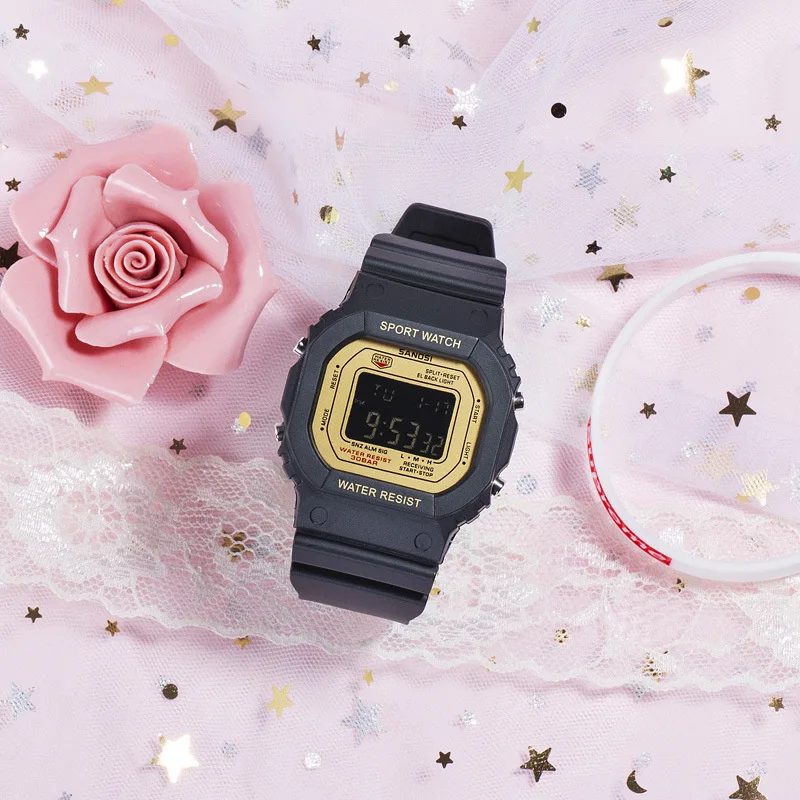Часы женские электронные спортивные часы женские водонепроницаемые силиконовые студенческие наручные часы Красочные наручные часы подарок Montre Femme - Color: black-gold