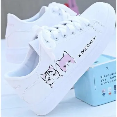 

Students Sneakers Spring Women Flat-soled Shoes Student Shoes Hand-painted White Cat Shoes drop shipping 2019 New fashion