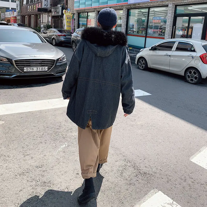 Зимнее длинное джинсовое пальто Мужская теплая Модная Повседневная куртка в