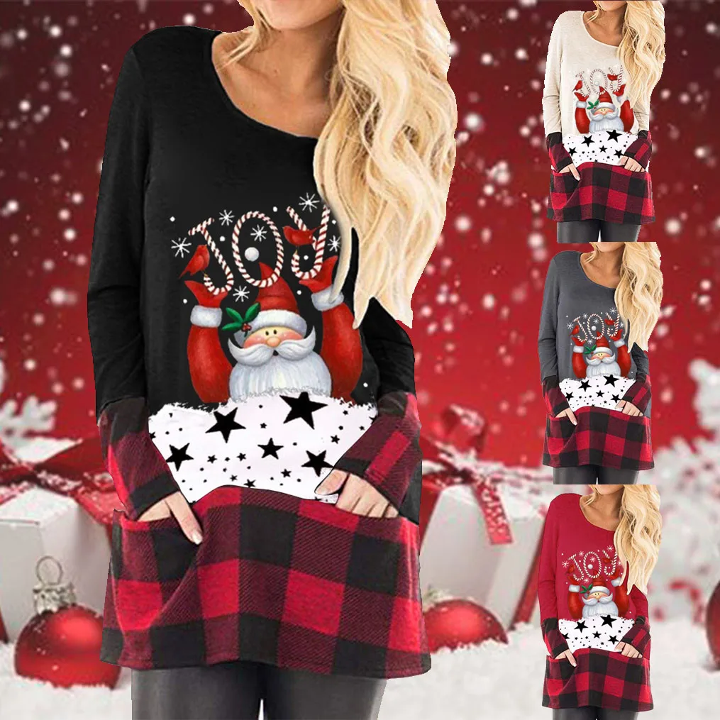 Женская рождественская футболка, осенние длинные пуловеры, топы в клетку с длинным рукавом, милая Футболка с принтом Санты Клауса, Рождественская футболка