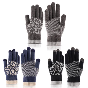 

Mens Winter Touchscreen Thickened Knit Gloves Warm Lining Elastic Cuff Snowflake Jacquard Outdoor Texting Full Finger Mittens