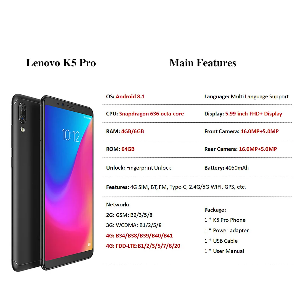 Global ROM оригинальные lenovo k5 pro Оперативная память 6 г ROM 64 Гб 5,9" дюймов Snapdragon Восьмиядерный двойной назад отпечаток пальца камеры Зуй мобильного телефона