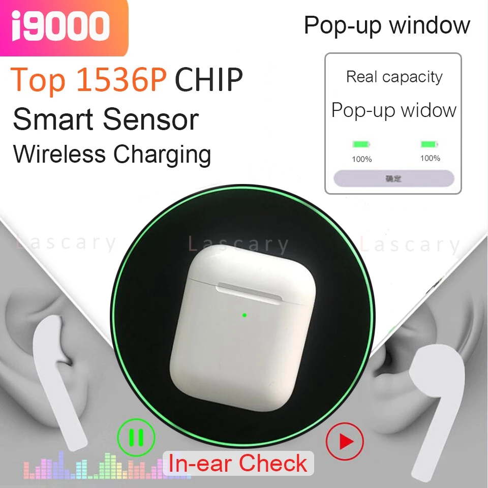 Смарт-Сенсор i9000 TWS Беспроводной Bluetooth наушники плотно прилегающие к уху, супер бас 1536P PK H1 чип i30 i60 i200 i800 i1000 i2000 i5000 TWS
