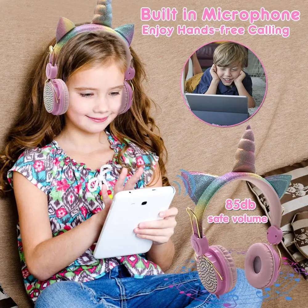 Upgraded Unicorns Bluetooth Headphones Foldable Music Stereo Earphone with MIC for Handsfree Online Education