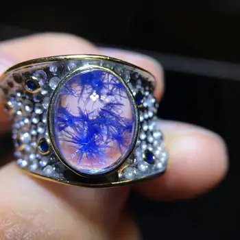 

Natural Blue Dumortierite Rutilated Quartz Crystal Silver Adjustable Ring 11.1/8.7mm Woman Stone Rings Rare Bead AAAAA