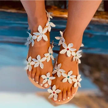 

Women's Flower Sandals 2020 Summer Strappy Toe Ring Slip-On Flat Casual Beach Sandals Cute Bohemian Female Flat Sandals
