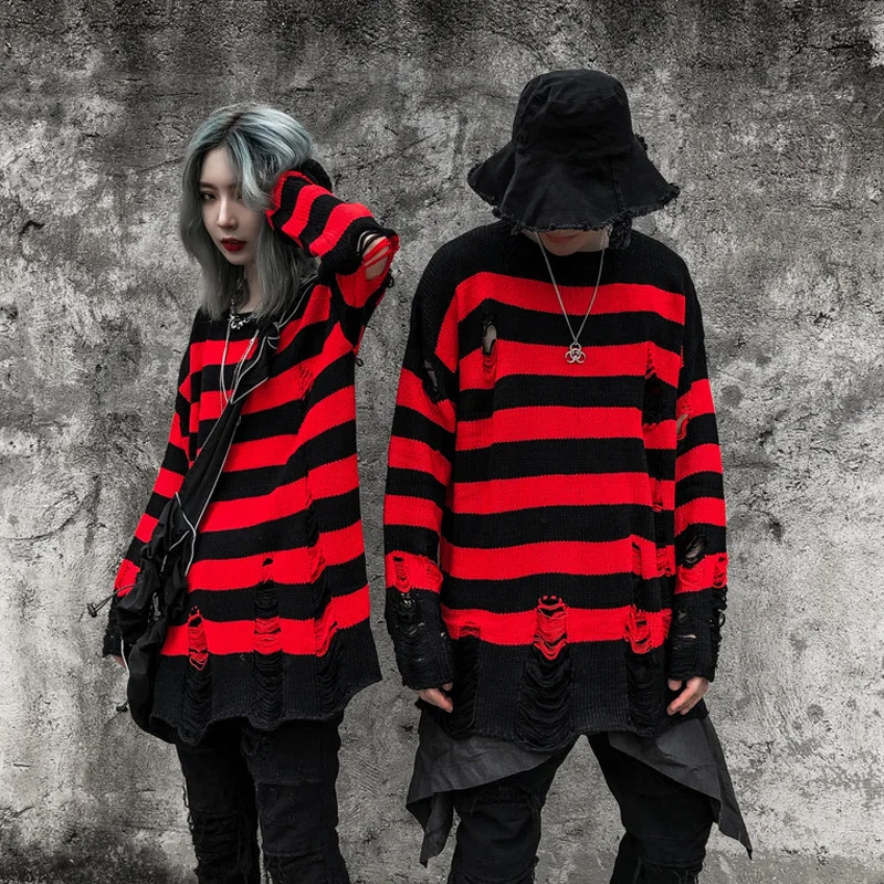Red Sweater Black Stripes | Harajuku Sweater Black Red | Black Red Pullover  Sweater - Pullovers - Aliexpress