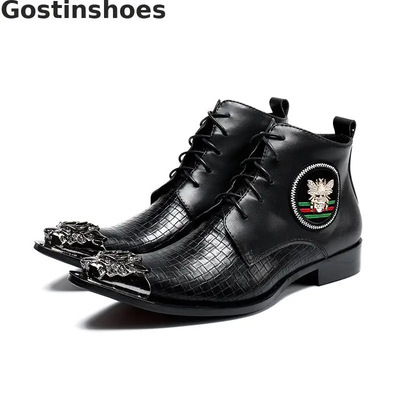

Men Short Boots Genuine Leather Black Color Lace-up Ankle Boots Spring/autumn Men Leather Boots Metal Capped Toe Boots For Men