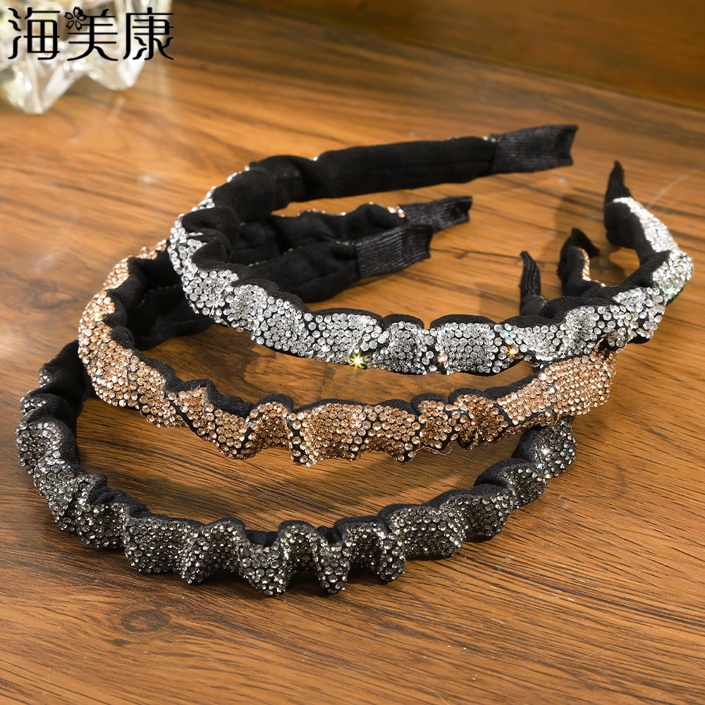 

Модная женская повязка на голову Haimeikang, блестящий головной убор, плиссированная Повседневная повязка для волос, ободок для волос с кристаллами для взрослых, аксессуары для волос