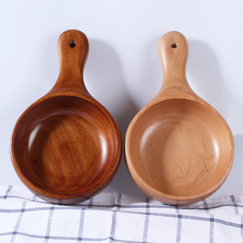 

Soup bowls with handle Solid Wooden Fruit Salad Bowl Long Handle Kitchen Tools Sushi ramen bowl Wood Dish Container Wood Plate