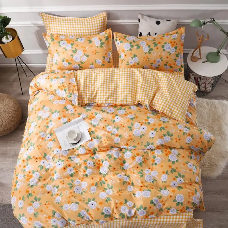 Yellow Flower Grid Print Bed Cover Set Kid Girl Duvet Cover Adult Child