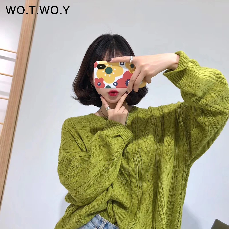 S19273Green WOTWOY осенний вязаный белый свитер для женщин повседневные тонкие женские пуловеры с круглым вырезом крест-накрест корейский стиль Женские топы - Цвет: S19273Green