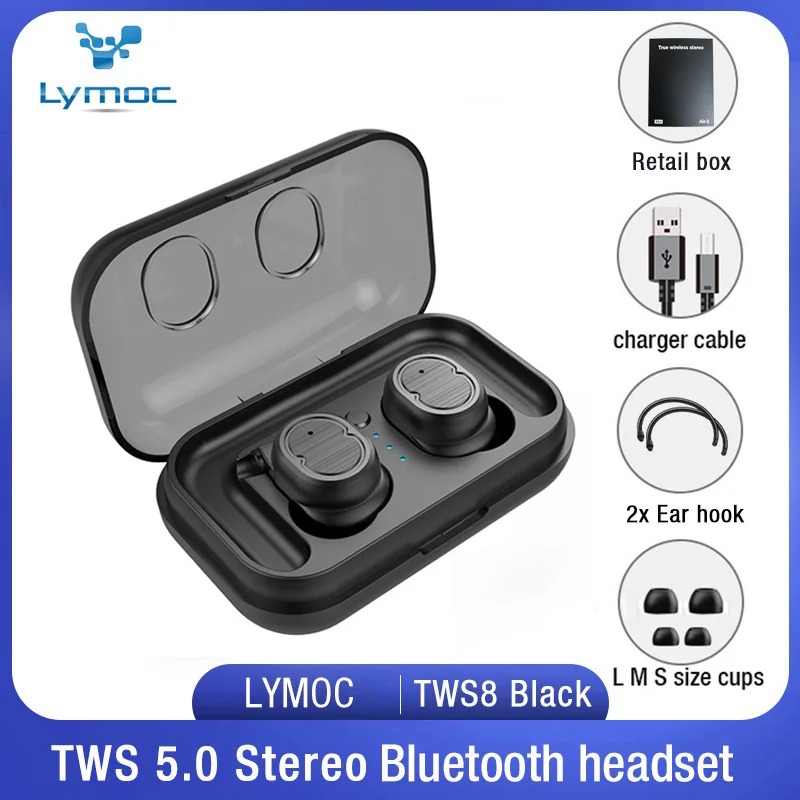 LYMOC TWS8 Bluetooth наушники 5,0 TWS беспроводные наушники мини наушники HiFi Звук Спорт водонепроницаемый HD микрофон громкой связи для всех телефонов - Цвет: Black retail box