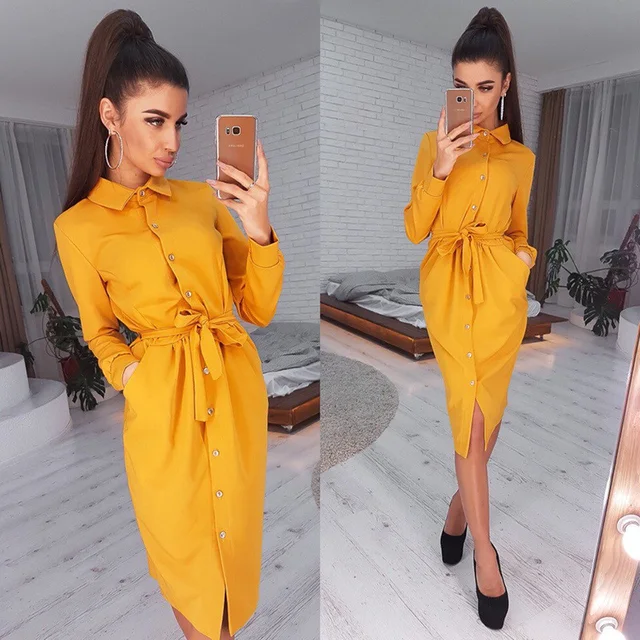 US $11.99 Women Vintage Front Button Sashes A-line Dress Long Sleeve Turn Down Collar Solid Elegant Dress 201
