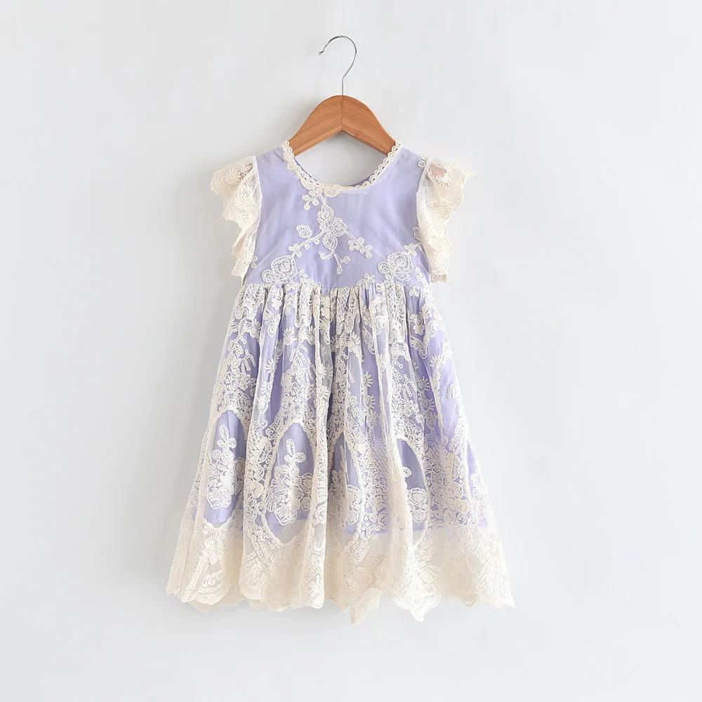 Sweet Princess Girls Lace Embroidered Ruffles Party Dress Lavender Color Summer Fly Sleeve Children Holiday | Детская одежда и