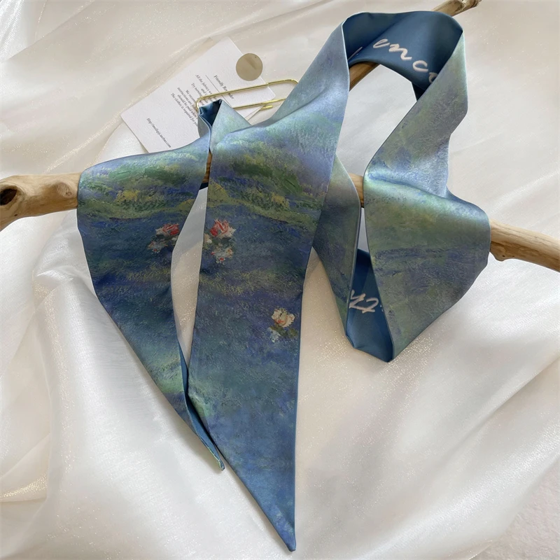 Luna&Dolphin Water Lily Oil Painting Silk Skinny Scarf Artistic Sense Tie Bag Headband Belt Wild Decorative Ribbon Waistband 4
