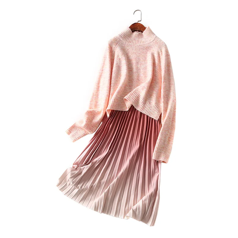 

One's Half-Turtle-Neck Sweater Gradient Color Pleated Monotone Dress Two-Piece Women's Entity