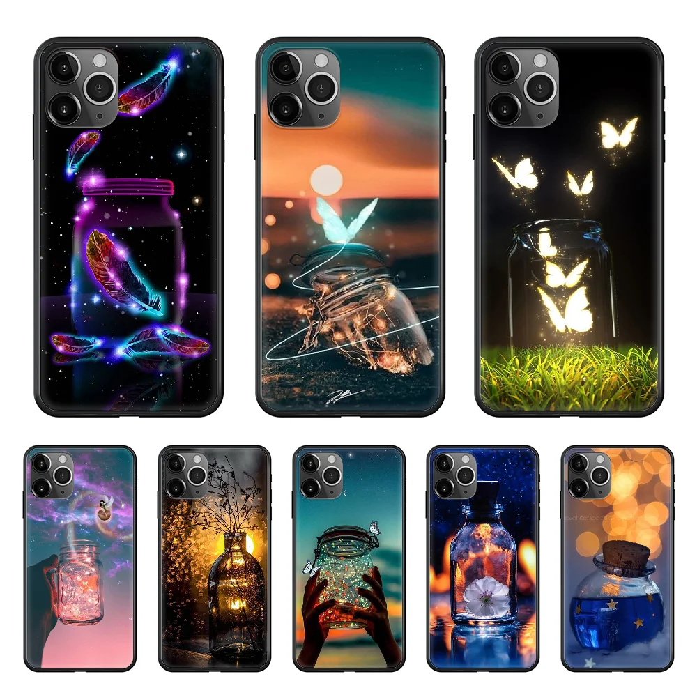

bottle butterfly Starry sky flame Phone Case cover For Iphone 12 11 8 7 XR PLUS X XS PRO SE 2020 MAX black shell tpu hoesjes