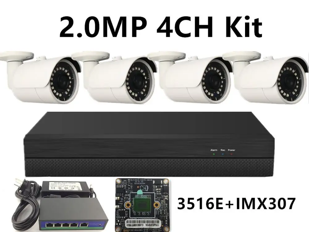 4CH IP Surveillance Kit IP Metal Bullet Camera IRC IP66 5.0MP 4.0MP 3.0MP 2.0MP 8*5MP NVR 48V PoE Switch ONVIF P2P Cloud - Цвет: 2.0MP 3516E IMX307