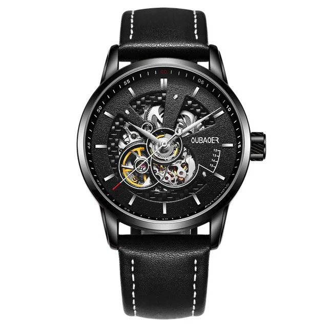 OUBAOER Роскошные автоматические механические часы кожаные деловые часы оригинальные мужские часы Лидирующий бренд часы мужские Relojes Masculino - Цвет: black