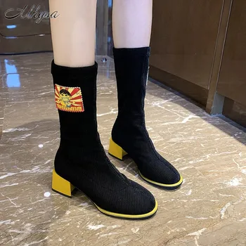 

2020 New Winter Women's Boots Fashionable Pull-on High-heeled Suede Boots Round-toe Inner-increasing Square-heeled Women's Boots