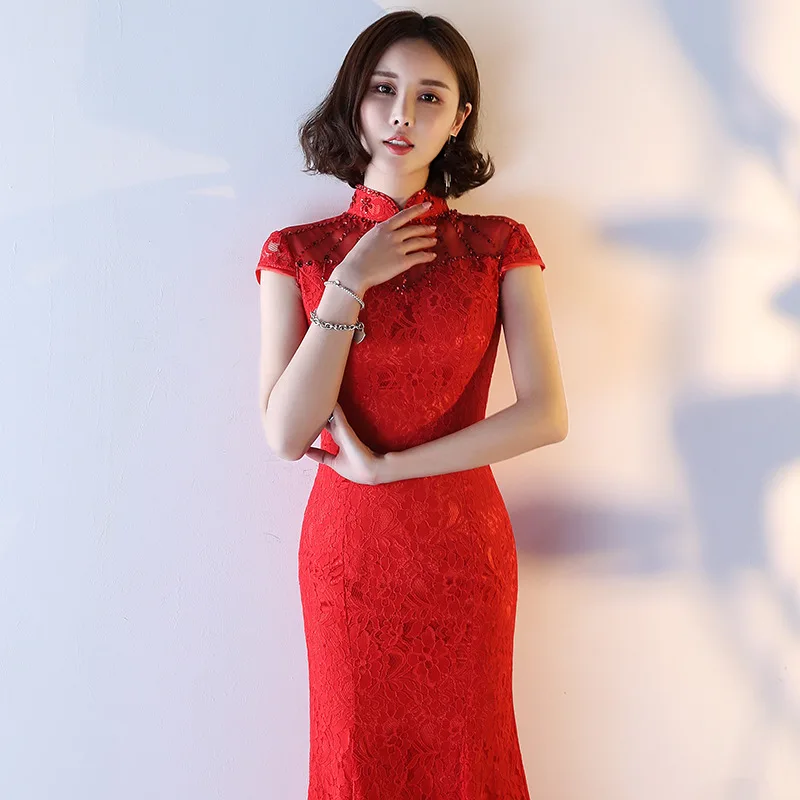 Красное женское традиционное платье чонсам, сексуальное свадебное Qipao, кружевное платье с вышивкой, китайское восточное платье, Vestidos Formales, длинное QiPao
