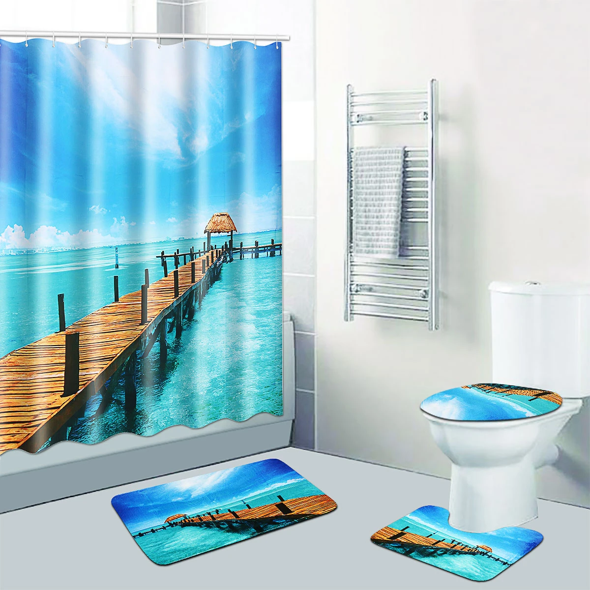 4pcs Beach Bathroom Set Shower Curtain Bath Mat+Non-Slip Rug Toilet Seat Cover