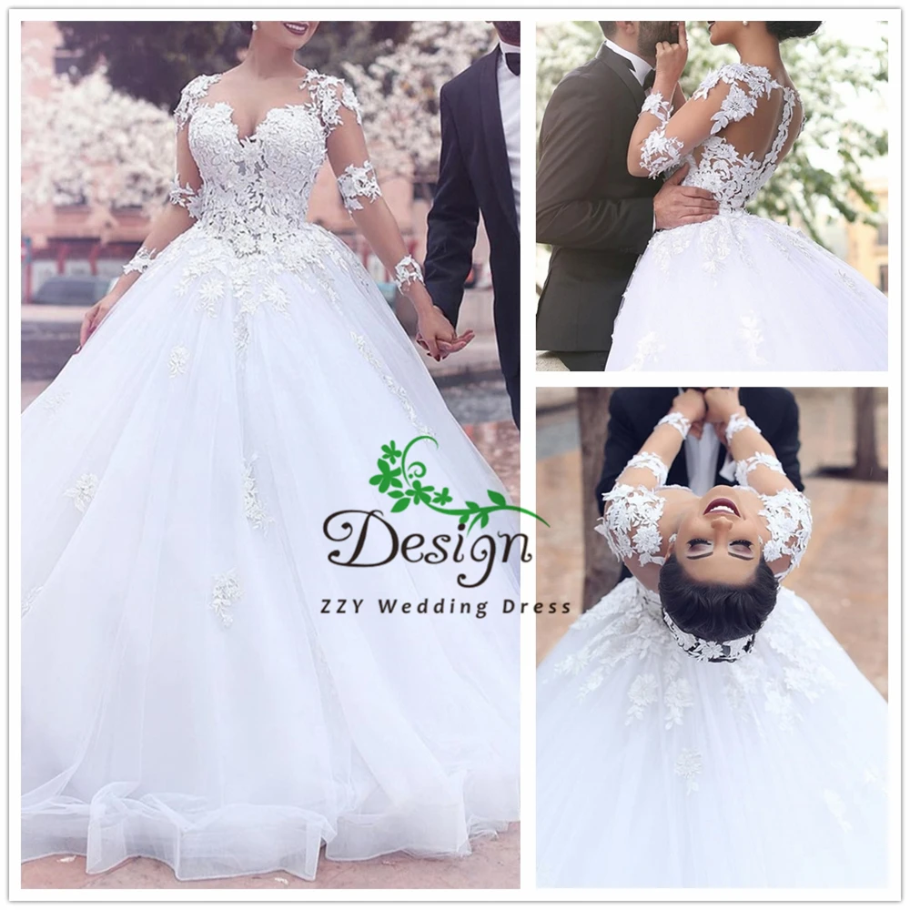 

Romantic Scoop Long Sleeves Illusion Handworks Flowers Wedding Dress With Sleeves Indian Wedding Dresses