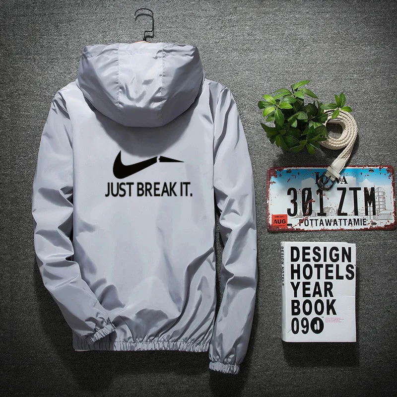 

Men's bomber jacket thin long sleeve print just BREAK IT military jacket hooded 2019 windbreaker zipper coat brand clothing
