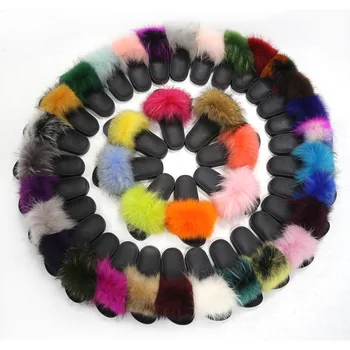 

Kids Real Raccoon Fur Slippers Outside Solid Flat Sandals Soft Furry Children Spring and Summer Slides