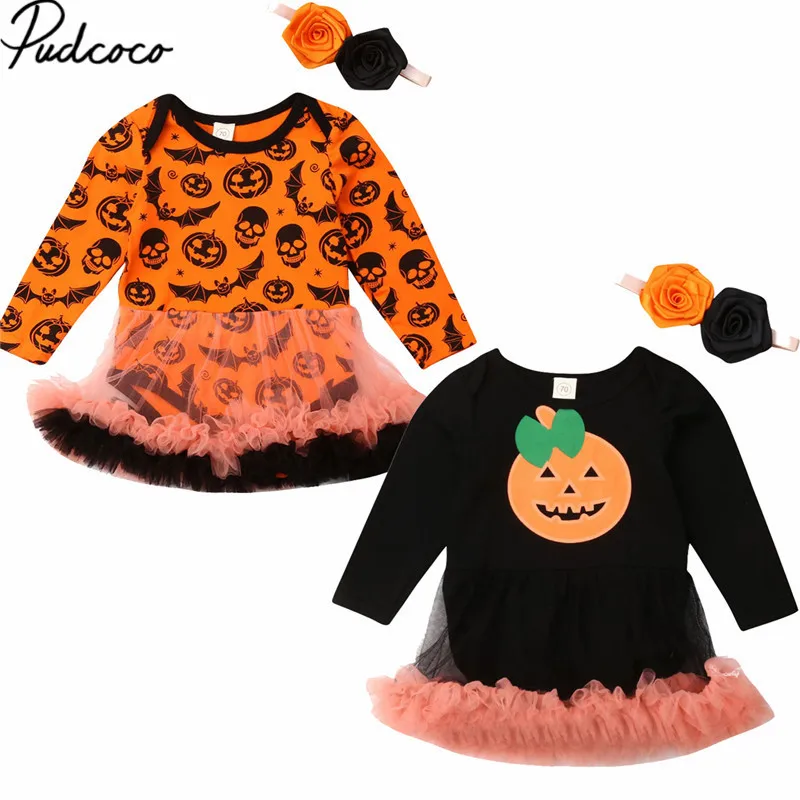 

2019 Baby Summer Clothing Newborn Baby Girls Long Sleeve Clothes Halloween Pumpkin Chiffon Romper Dress+Headband 2PCS Outfits