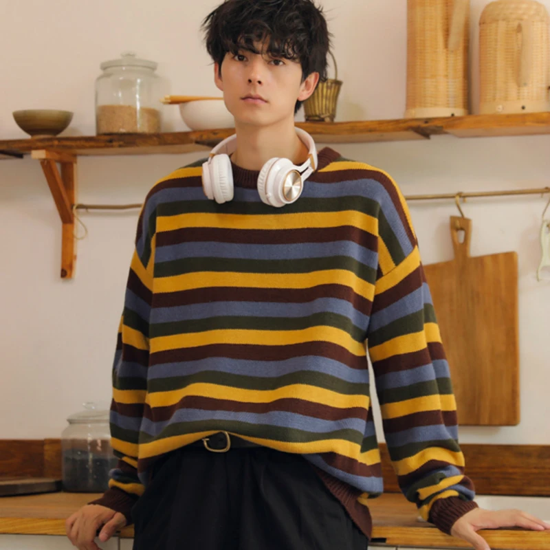 Mens Sweater Striped Pullovers Casual Male Sweater Streetwear Autumn Spring Outdoor Men Sweaters O-neck Oversize Winter Sweater
