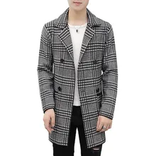 Новая мужская осенняя и зимняя ветровка длинный тренд клетчатая смесь облегающее шерстяное пальто толстая двубортная теплая куртка