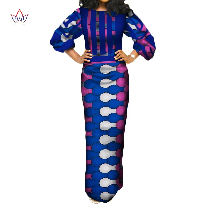 BRW летние африканские хлопковые платья для женщин с О-образным вырезом длинное платье Bazin Riche Макси платье с длинным рукавом Размер Pius WY3387 - Цвет: 23