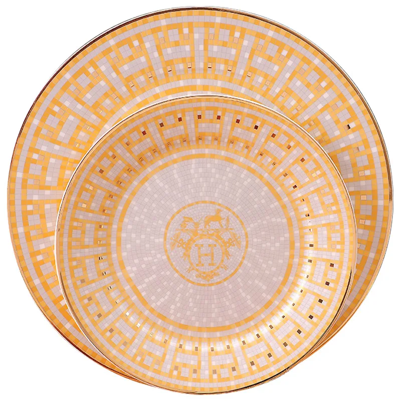 

Porcelain flat plates bone china "H" mark mosaic design outline in gold round shape 8"10" flat plate bone china dish big plate