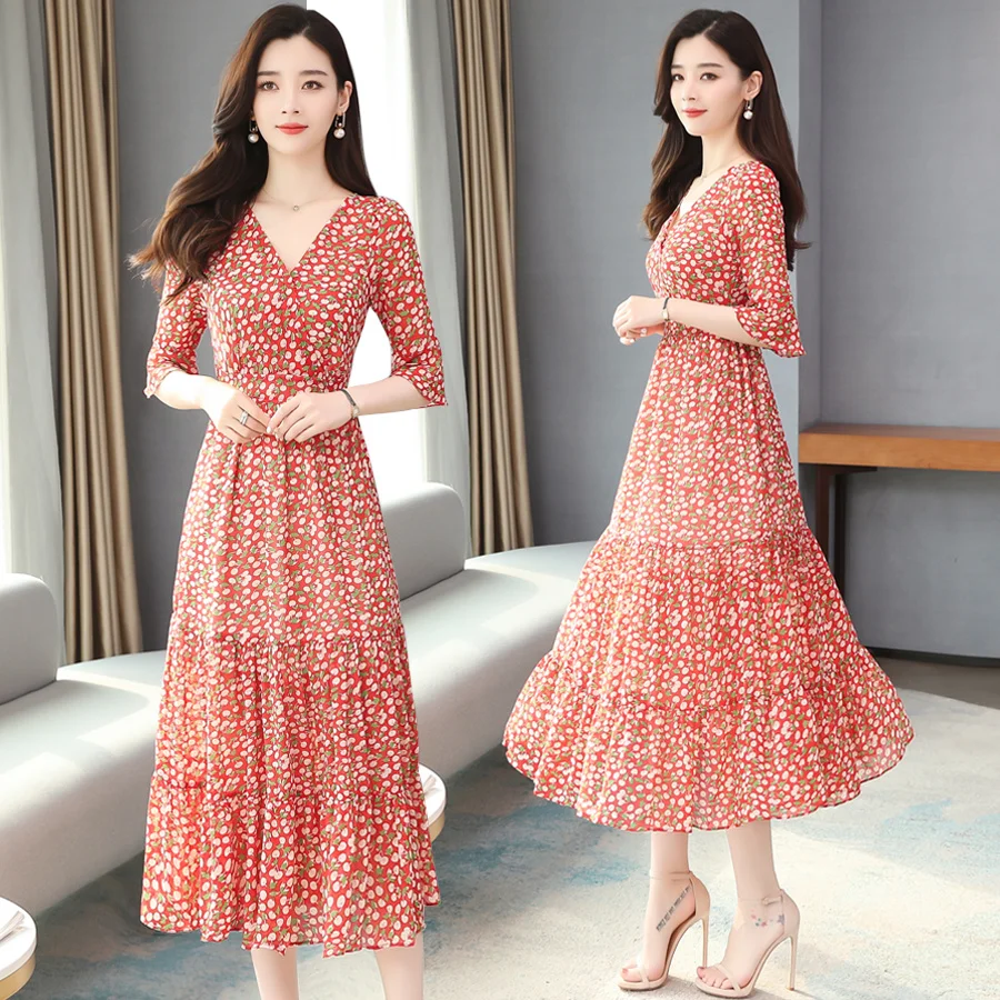 2022 High Quality Red Print Chiffon Beach Midi Dress Summer Vintage Plus Size Maxi Sundress Women Elegant Bodycon Party Vestidos | Женская