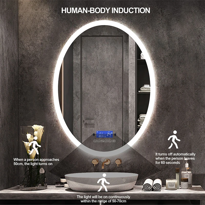 Bluetooth Speaker Smart Oval Bathroom LED Makeup Mirror With Three Color Light human body induction Anti-fog Beauty Mirrors
