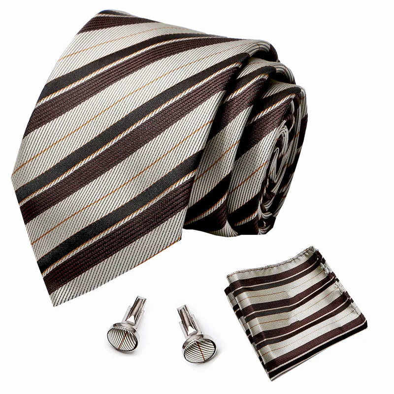 

Men Tie Navy Blue Red Brown Striped Silk Wedding Tie for Men Handky cufflink Gift Tie Set Design Party Business Fashion