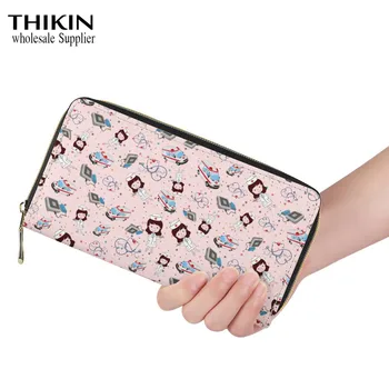 

THIKIN Pink Cartoon Nurse Print Women Long Wallet Ladies Cartoon Coin Purses Female Vintage Clutch Bank Cards Wallets Waterproof