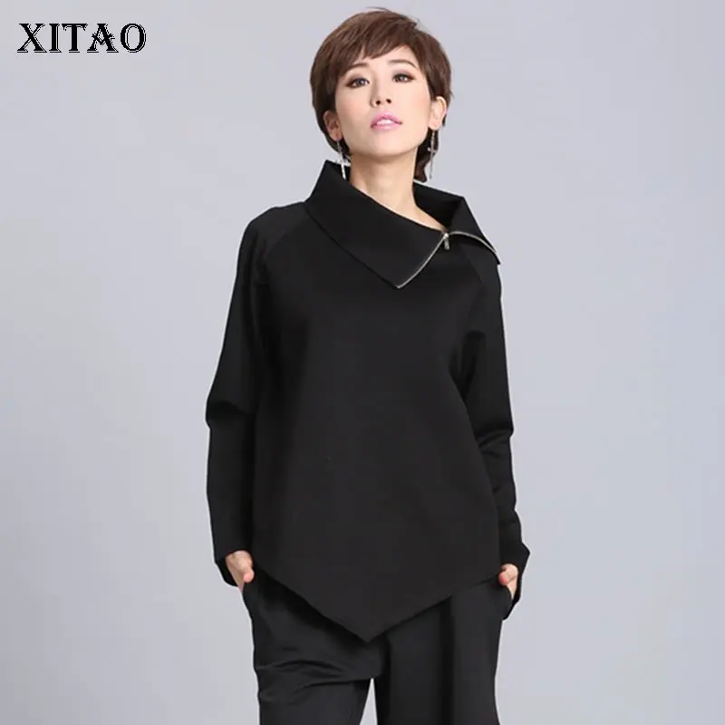 XITAO Асимметричная черная футболка Женская корейская мода повседневный элегантный холодный ветер осенний пуловер длинный рукав футболка GWY2127